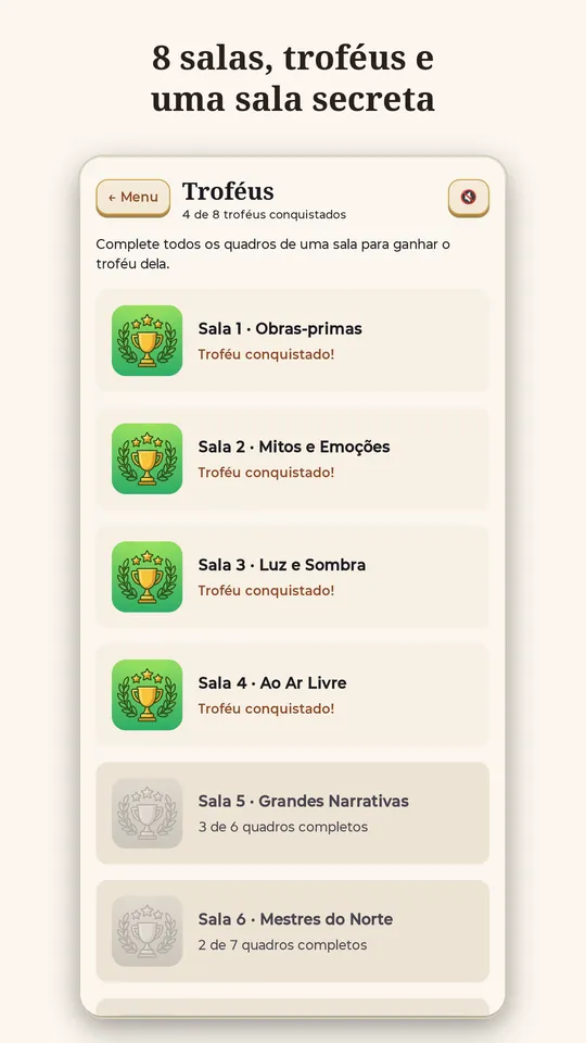 Tela de troféus das salas